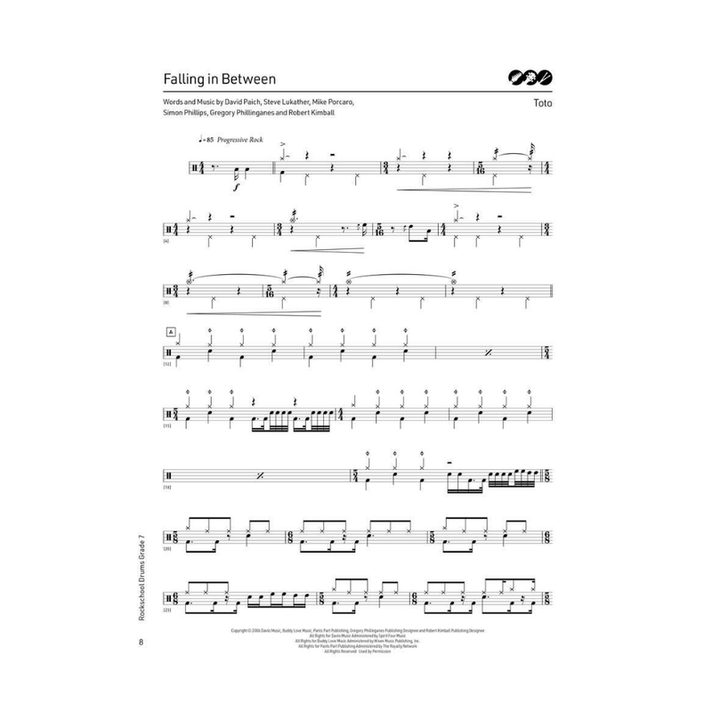 RSL Rockschool Drums - Grade 7 (2024) Exam Book Falling In Between by Toto Sheet Music Example